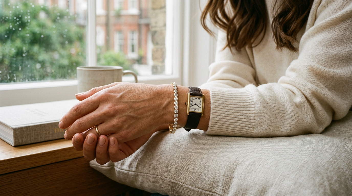The bracelet worn with a watch and cashmere