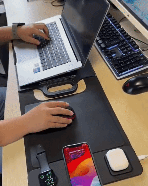 Anywhere Office Sleeve unfolding into a desk mat and stand